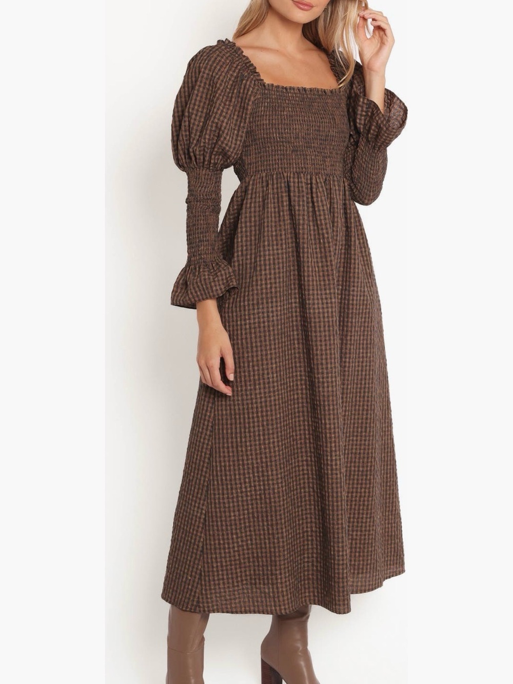 NWOT Petal + Pup Brown Gingham Smocked Maxi Dress M